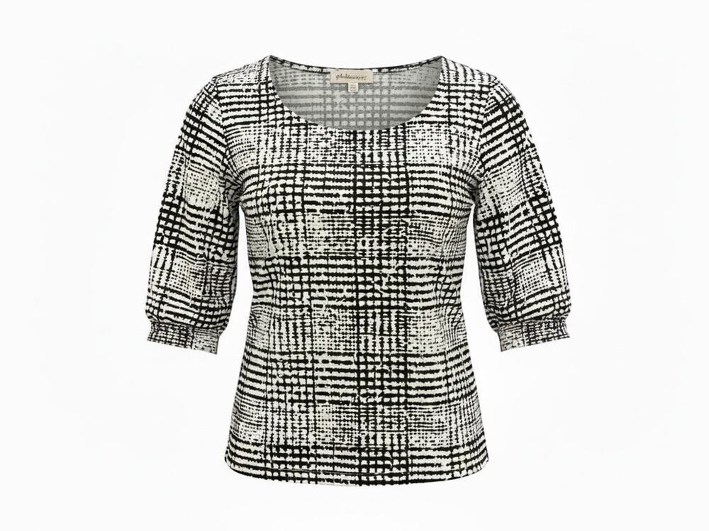 NWT S Philosophy Black White Abstract Grid Plaid 3/4 Sleeve Knit Blouse